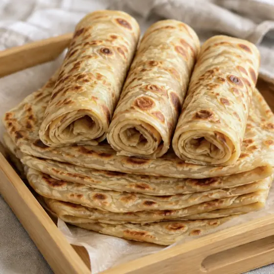 Soft, golden East African chapatis, rolled and stacked on a wooden tray