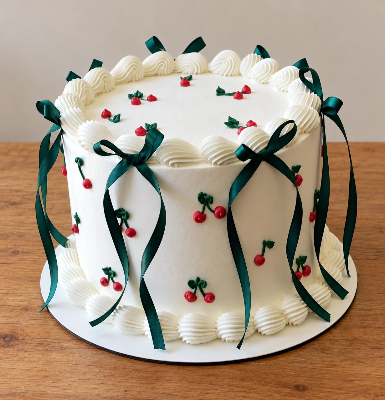 Cherry and ribbon celebration cake on a display table