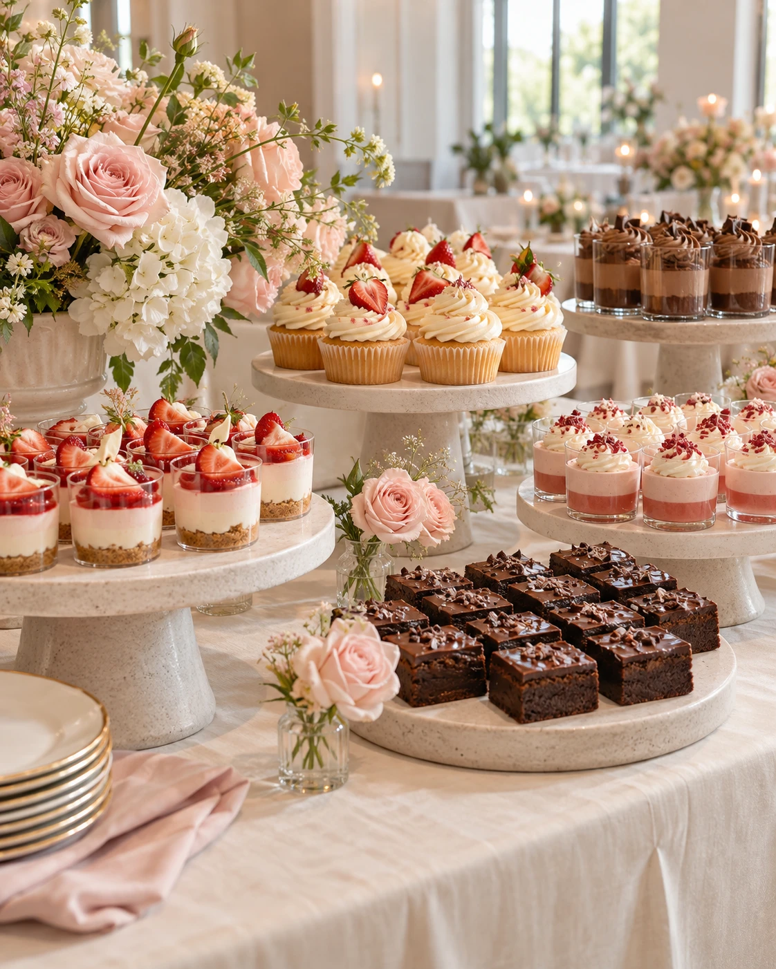 Blush and ivory dessert table with cupcakes, dessert cups and brownies — design visualisation