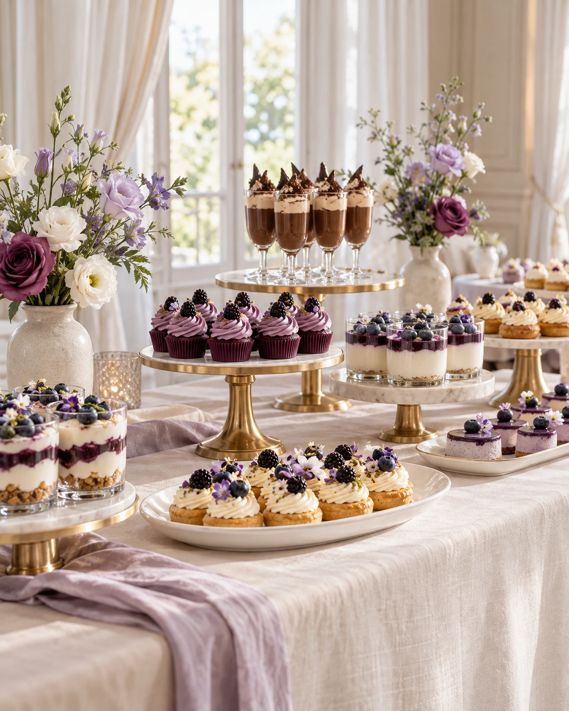 Lavender and ivory dessert table with berry desserts and chocolate mousse — design visualisation