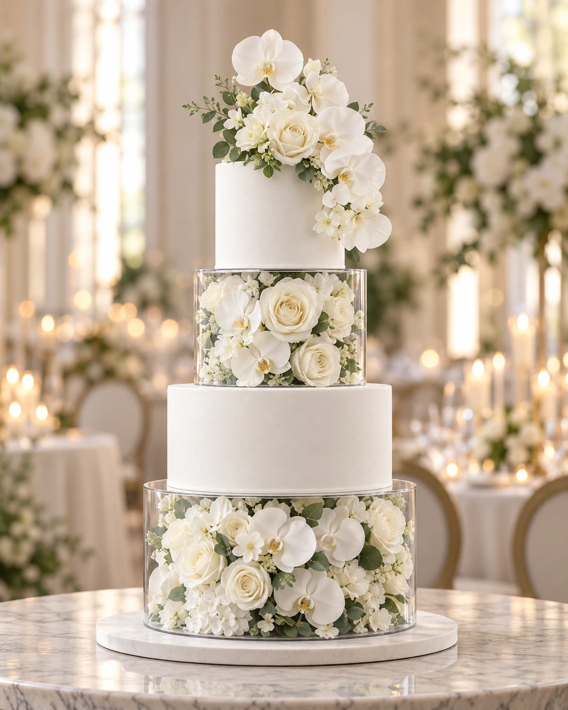 White wedding cake with orchids and floral display tiers