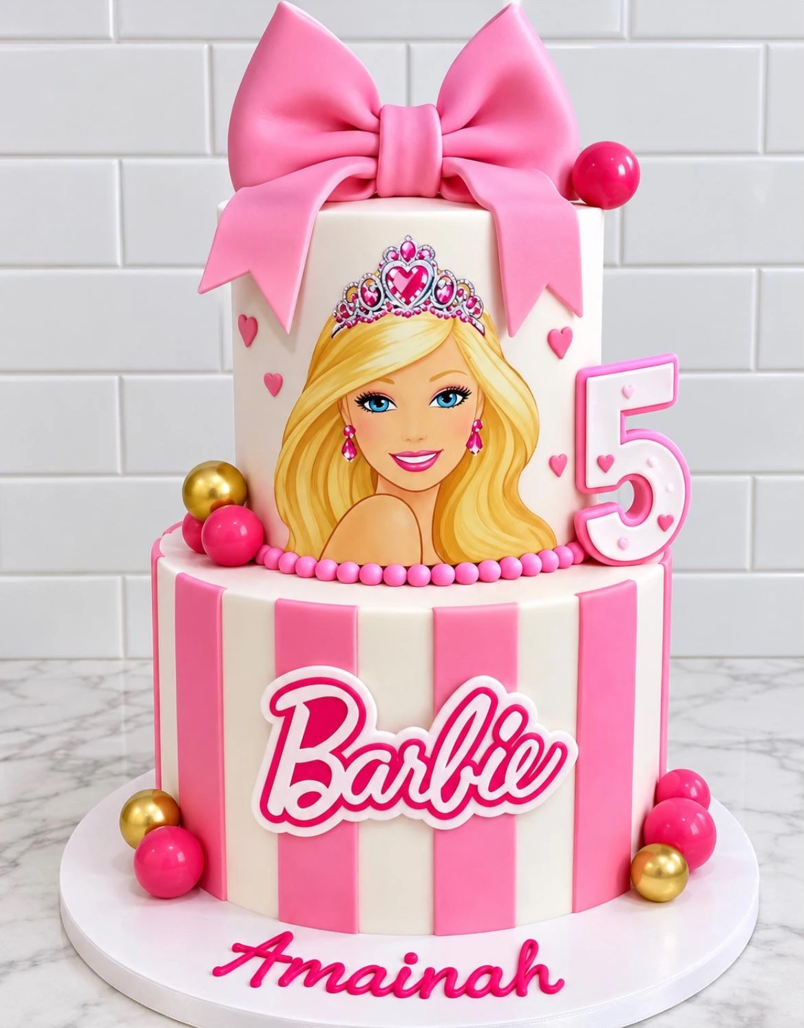 Pink Barbie birthday cake with a statement bow