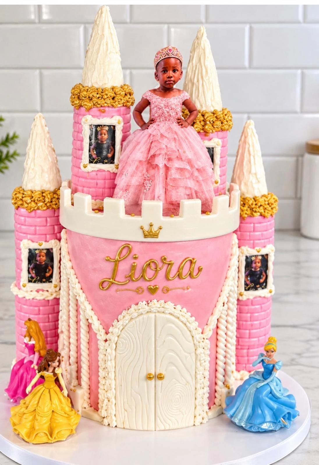 Pink princess castle birthday cake