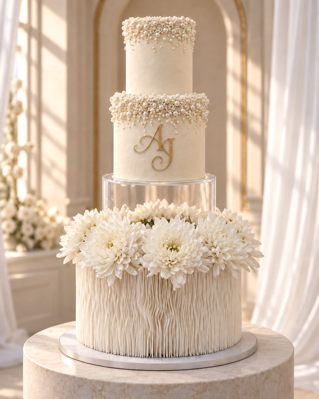 Ivory pearl wedding cake with gold AJ monogram and white flowers