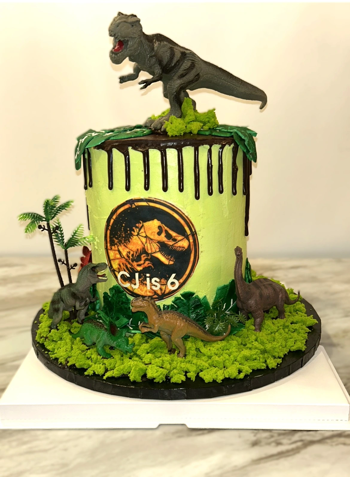 A dinosaur-themed birthday cake