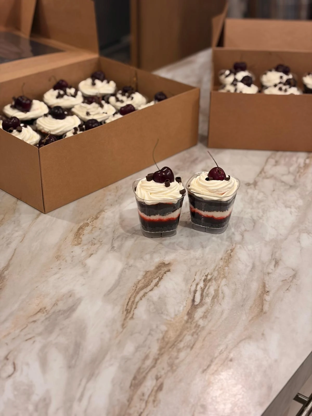 Cherry-topped chocolate parfait cups