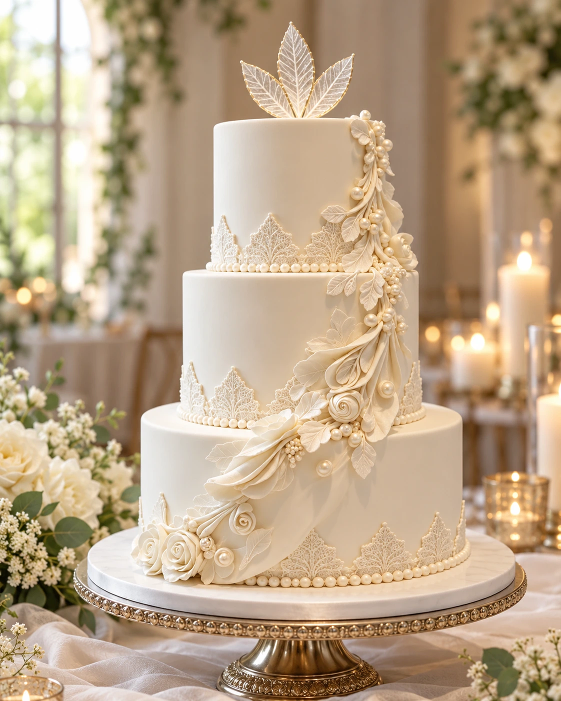 White lace wedding cake with candlelit details