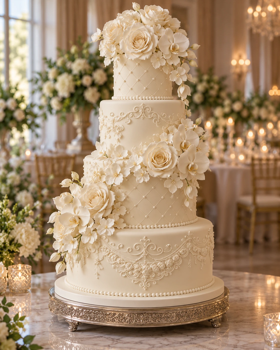 Pearl and floral wedding cake beneath chandeliers