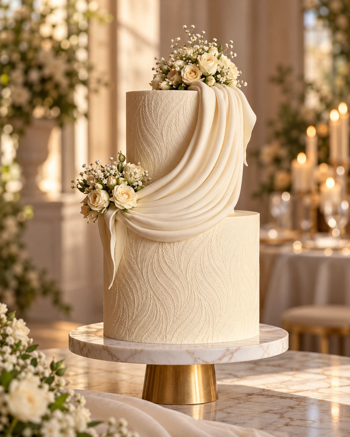 Draped ivory wedding cake design