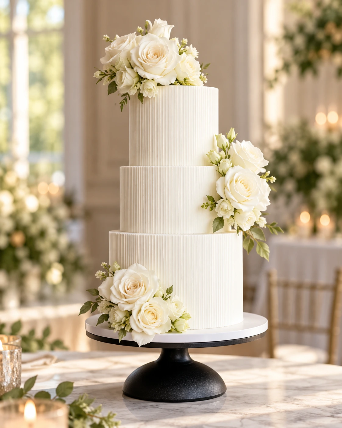 Rose-adorned tiered wedding cake design