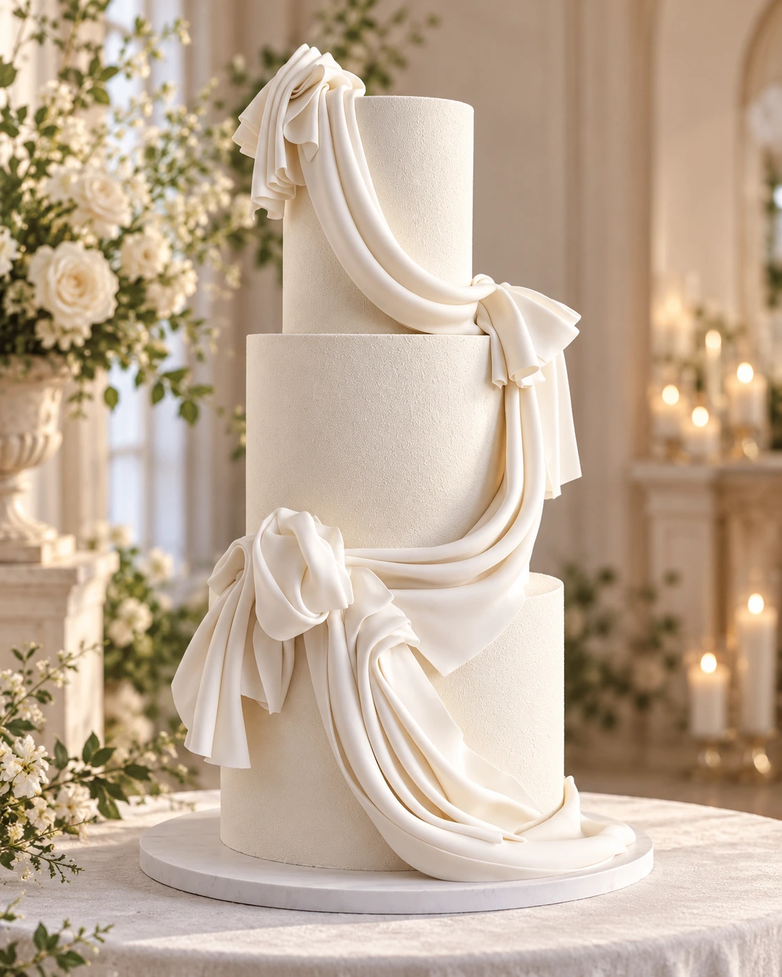 White draped wedding cake design